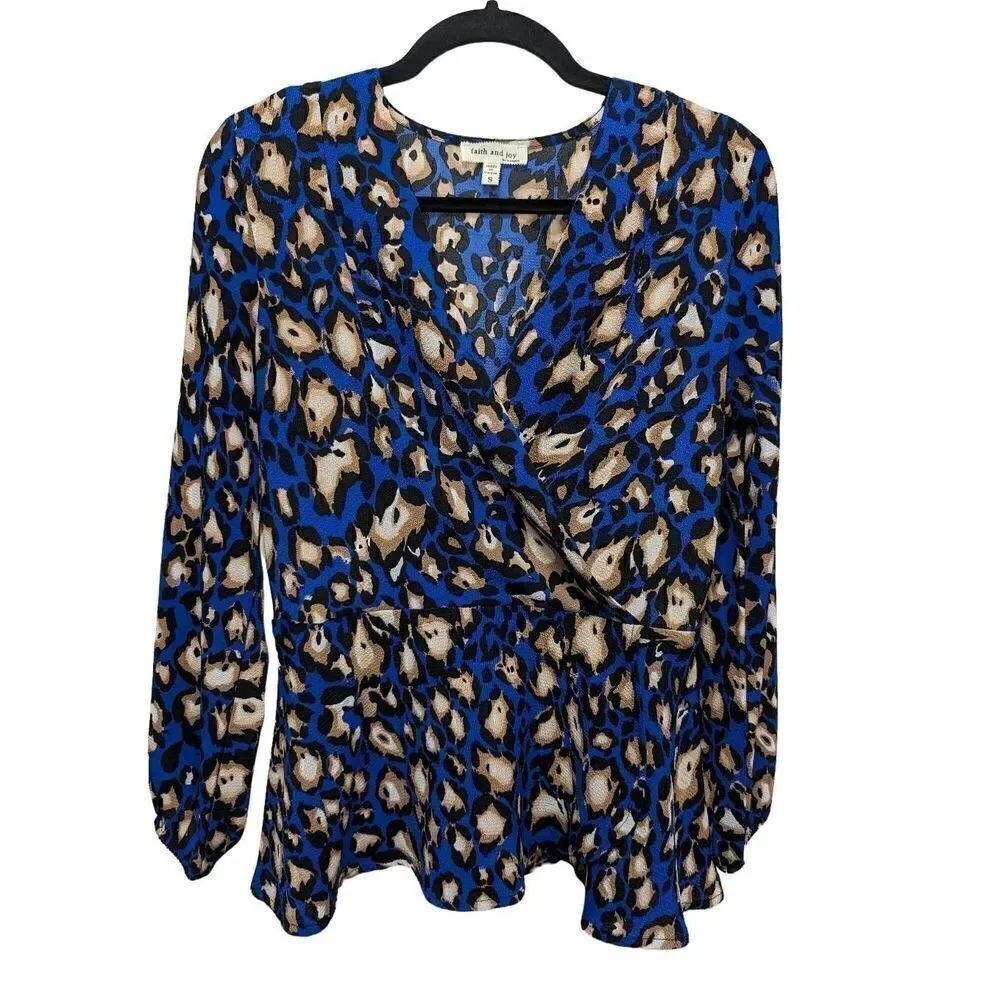 Faith And Joy Top Long Sleeve Printed Blue V-Neck Women's Size Small
